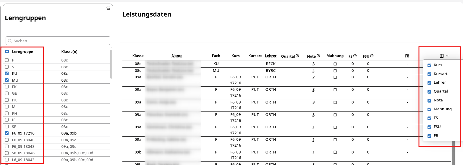 Offizieller Beispiel-Screenshot: Lerngruppen und Spaltenauswahl